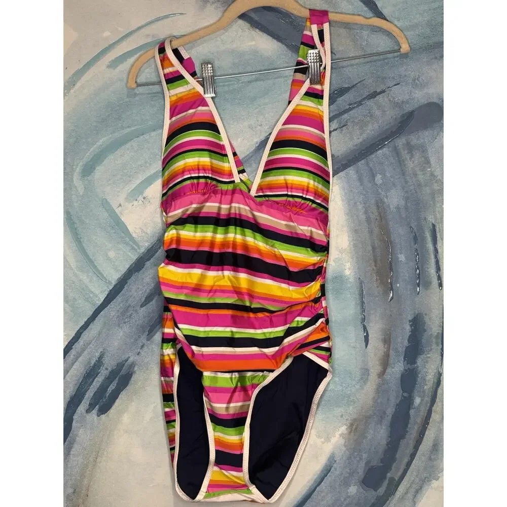 NWT Trina Turk Splash Striped One Piece Halter Plunge Swimsuit Bikini Sz 8